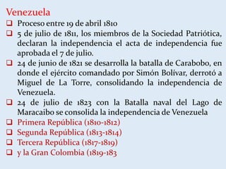 Venezuela
 Proceso entre 19 de abril 1810
 5 de julio de 1811, los miembros de la Sociedad Patriótica,
declaran la independencia el acta de independencia fue
aprobada el 7 de julio.
 24 de junio de 1821 se desarrolla la batalla de Carabobo, en
donde el ejército comandado por Simón Bolívar, derrotó a
Miguel de La Torre, consolidando la independencia de
Venezuela.
 24 de julio de 1823 con la Batalla naval del Lago de
Maracaibo se consolida la independencia de Venezuela
 Primera República (1810-1812)
 Segunda República (1813-1814)
 Tercera República (1817-1819)
 y la Gran Colombia (1819-183
 
