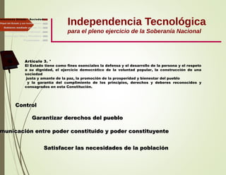 Relaciones Estado - Sociedad
Independencia Tecnológica
para el pleno ejercicio de la Soberanía Nacional
ControlControl
Garantizar derechos del puebloGarantizar derechos del pueblo
omunicación entre poder constituido y poder constituyentemunicación entre poder constituido y poder constituyente
Satisfacer las necesidades de la poblaciónSatisfacer las necesidades de la población
Gobierno mediado por las T.I.
Independencia, Libertad ...
Finalmente ...
Tecnología libre y liberadora
Papel del Estado y sus Instituciones
Artículo 3. °
El Estado tiene como fines esenciales la defensa y el desarrollo de la persona y el respeto
a su dignidad, el ejercicio democrático de la voluntad popular, la construcción de una
sociedad
justa y amante de la paz, la promoción de la prosperidad y bienestar del pueblo
y la garantía del cumplimiento de los principios, derechos y deberes reconocidos y
consagrados en esta Constitución.
 