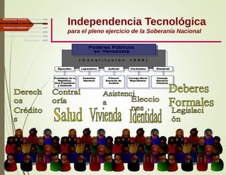 Independencia Tecnológica
para el pleno ejercicio de la Soberanía Nacional
Relaciones Estado - Sociedad
apel del Estado y sus Instituciones
Gobierno mediado por las T.I.
Independencia, Libertad ...
Finalmente ...
Tecnología libre y liberadora
 