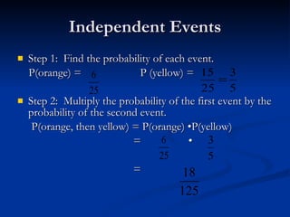 Independent Events Step 1:  Find the probability of each event. P(orange) =  P (yellow) =  Step 2:  Multiply the probability of the first event by the probability of the second event. P(orange, then yellow) = P(orange) •P(yellow) =  •  =  