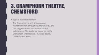 3. CRAMPHORN THEATRE,
CHEMSFORD
• Typical audience member
• The Cramphorn is only showing one
mainstream film throughout March and April,
this suggests that a more stereotypical
independent film audience would go to the
Cramphorn (intellectuals, matured adults,
university students)
 