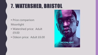 7. WATERSHED, BRISTOL
• Price comparison
Moonlight
• Watershed price: Adult
£9.00
• Odeon price: Adult £6.00
 