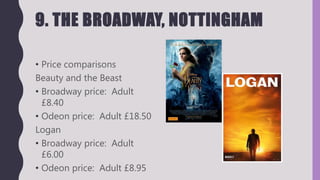 9. THE BROADWAY, NOTTINGHAM
• Price comparisons
Beauty and the Beast
• Broadway price: Adult
£8.40
• Odeon price: Adult £18.50
Logan
• Broadway price: Adult
£6.00
• Odeon price: Adult £8.95
 