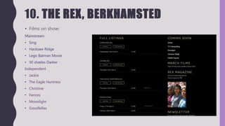 10. THE REX, BERKHAMSTED
• Films on show:
Mainstream
• Sing
• Hacksaw Ridge
• Lego Batman Movie
• 50 shades Darker
Independent
• Jackie
• The Eagle Huntress
• Christine
• Fences
• Moonlight
• Goodfellas
 