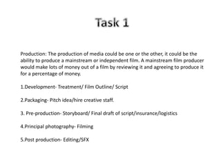 Production: The production of media could be one or the other, it could be the 
ability to produce a mainstream or independent film. A mainstream film producer 
would make lots of money out of a film by reviewing it and agreeing to produce it 
for a percentage of money. 
1.Development- Treatment/ Film Outline/ Script 
2.Packaging- Pitch idea/hire creative staff. 
3. Pre-production- Storyboard/ Final draft of script/insurance/logistics 
4.Principal photography- Filming 
5.Post production- Editing/SFX 
 