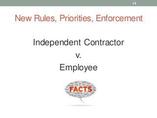 New Rules, Priorities, Enforcement
Independent Contractor
v.
Employee
14
 