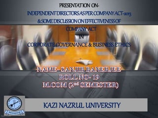 KAZI NAZRUL UNIVERSITY
PRESENTATION ON-
INDEPENDENTDIRECTORSASPERCOMPANYACT-2013
&SOMEDISCUSSIONONEFFECTIVENESSOF
COMPANY ACT
IN
CORPORATE GOVERNANCE& BUSINESS ETHICS
 