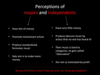 Perceptions of
majors and independents
• Have lots of money
• Promote mainstream artists
• Produce standardised,
formulaic music
• Sole aim is to make more
money
• Have very little money
• Produce obscure music by
artists that no-one has heard of
• Their music is hard to
categorise, so gets called
“alternative”
• Are not so motivated by profit
Do you think this is true? How accurate are these perceptions?
 