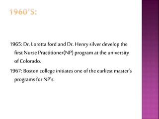 1965: Dr. Loretta ford and Dr. Henry silver develop the
first Nurse Practitioner(NP)program at theuniversity
of Colorado.
1967: Boston college initiatesone of theearliest master’s
programs for NP’s.
 