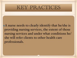 KEY PRACTICES
A nurse needs to clearly identify that he/she is
providing nursing services, the extent of those
nursing services and under what conditions he/
she will refer clients to other health care
professionals.
￼
15
 