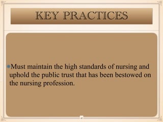KEY PRACTICES
Must maintain the high standards of nursing and
uphold the public trust that has been bestowed on
the nursing profession.
￼
16
 