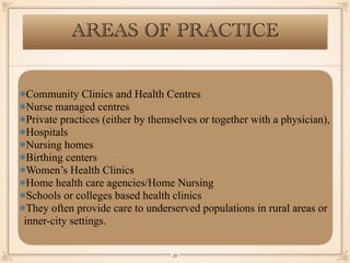 AREAS OF PRACTICE
Community Clinics and Health Centres
Nurse managed centres
Private practices (either by themselves or together with a physician),
Hospitals
Nursing homes
Birthing centers
Women’s Health Clinics
Home health care agencies/Home Nursing
Schools or colleges based health clinics
They often provide care to underserved populations in rural areas or
inner-city settings.
￼
39
 