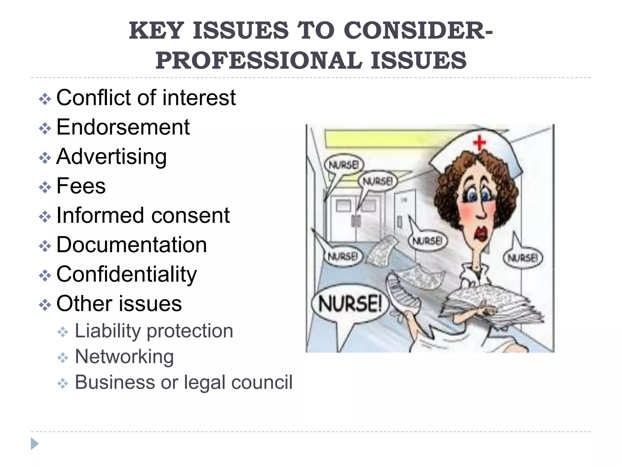 KEY ISSUES TO CONSIDER-
PROFESSIONAL ISSUES
 Conflict of interest
 Endorsement
 Advertising
 Fees
 Informed consent
 Documentation
 Confidentiality
 Other issues
 Liability protection
 Networking
 Business or legal council
 