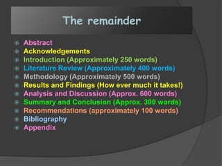 The remainder
 Abstract
 Acknowledgements
 Introduction (Approximately 250 words)
 Literature Review (Approximately 400 words)
 Methodology (Approximately 500 words)
 Results and Findings (How ever much it takes!)
 Analysis and Discussion (Approx. 600 words)
 Summary and Conclusion (Approx. 300 words)
 Recommendations (approximately 100 words)
 Bibliography
 Appendix
 