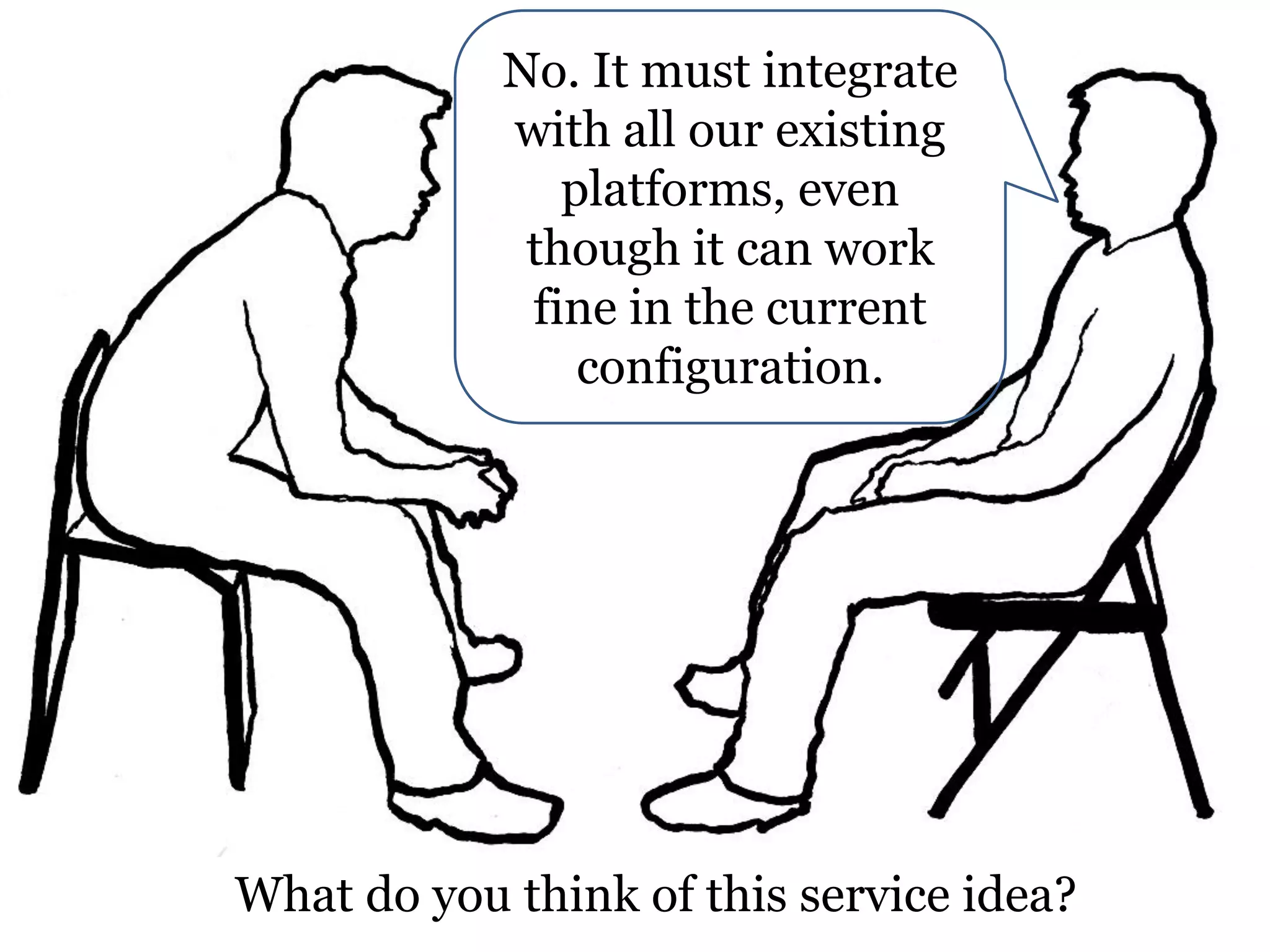 No. It must integrate
with all our existing
platforms, even
though it can work
fine in the current
configuration.

What do you think of this service idea?

 
