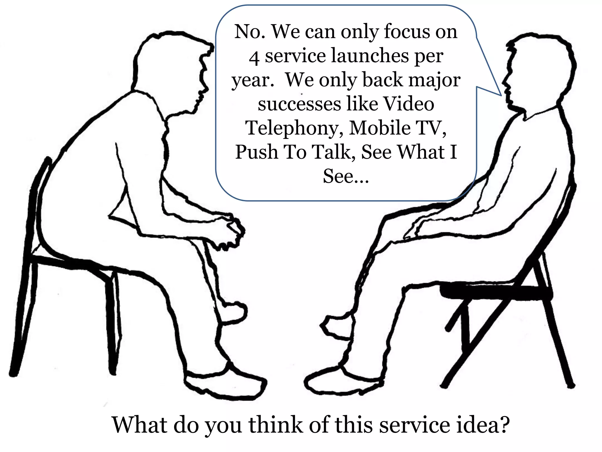 No. We can only focus on
4 service launches per
year. We only back major
successes like Video
Telephony, Mobile TV,
Push To Talk, See What I
See…

What do you think of this service idea?

 