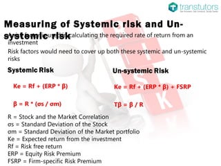 Measuring of Systemic risk and Un-
systemic risk
R = Stock and the Market Correlation
σs = Standard Deviation of the Stock
σm = Standard Deviation of the Market portfolio
Ke = Expected return from the investment
Rf = Risk free return
ERP = Equity Risk Premium
FSRP = Firm-specific Risk Premium
 