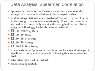 Data Analysis: Spearman Correlation
 Spearman’s correlation coefficient is a statistical measure of the
strength of a monotonic relationship between paired data.
 And its interpretation is similar to that of Pearsons, e.g. the closer is
to the stronger the monotonic relationship. Correlation is an effect
size and so we can verbally describe the strength of the correlation
using the following guide for the absolute value of :
 .00-.190-VeryWeek
 .20-.39-Weak
 .40-.59- Moderate
 .60-.79- Strong
 .80-1.0-Very Strong
 The calculation of Spearman’s correlation coefficient and subsequent
significance testing of it requires the following data assumptions to
hold:
 interval or ratio level or ordinal.
 monotonically related.
 