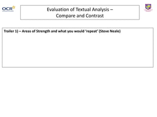 Evaluation of Textual Analysis –
Compare and Contrast
Trailer 1) – Areas of Strength and what you would ‘repeat’ (Steve Neale)
 