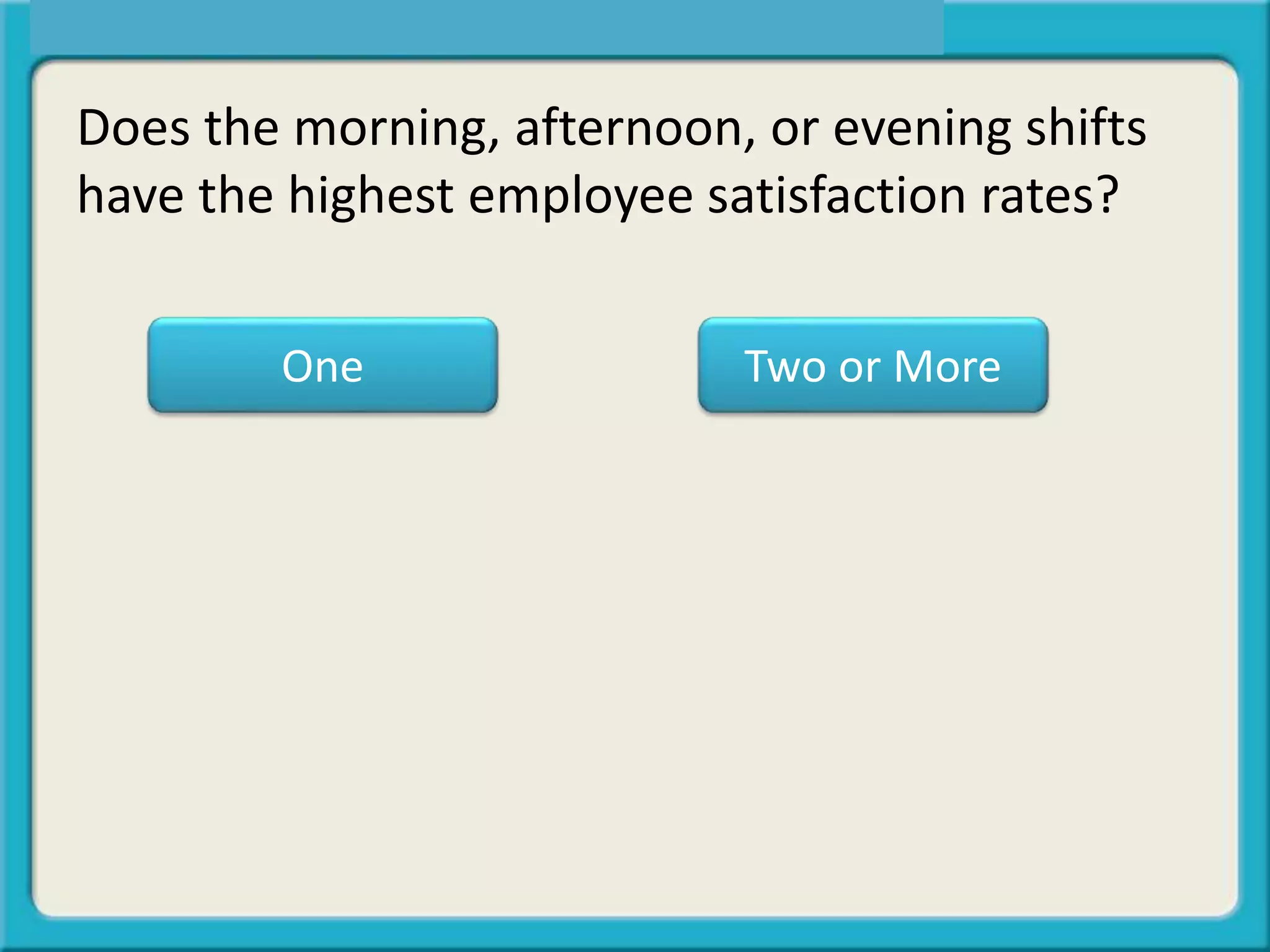 One Two or More
Does the morning, afternoon, or evening shifts
have the highest employee satisfaction rates?
 