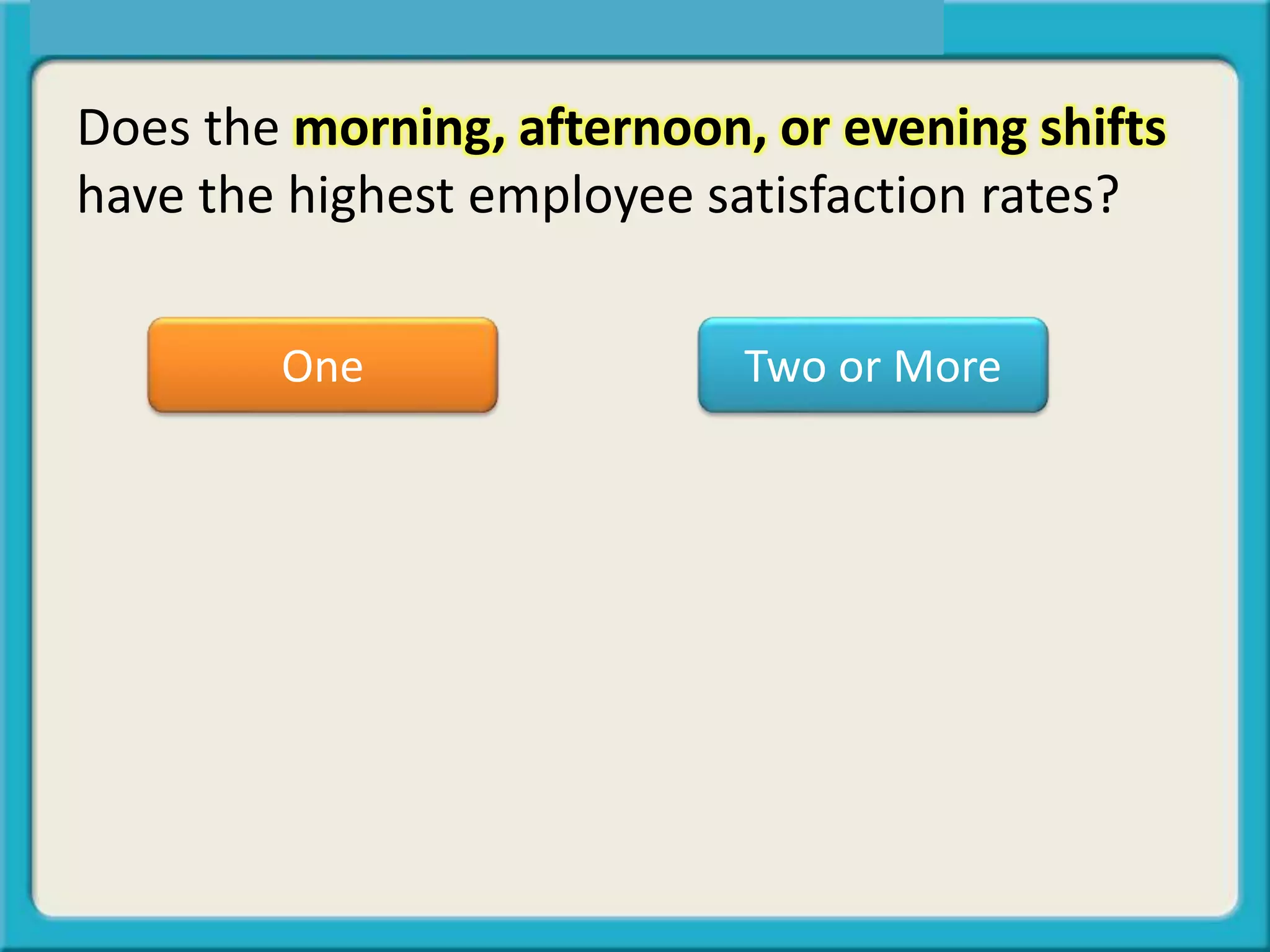 One Two or More
Does the morning, afternoon, or evening shifts
have the highest employee satisfaction rates?
 