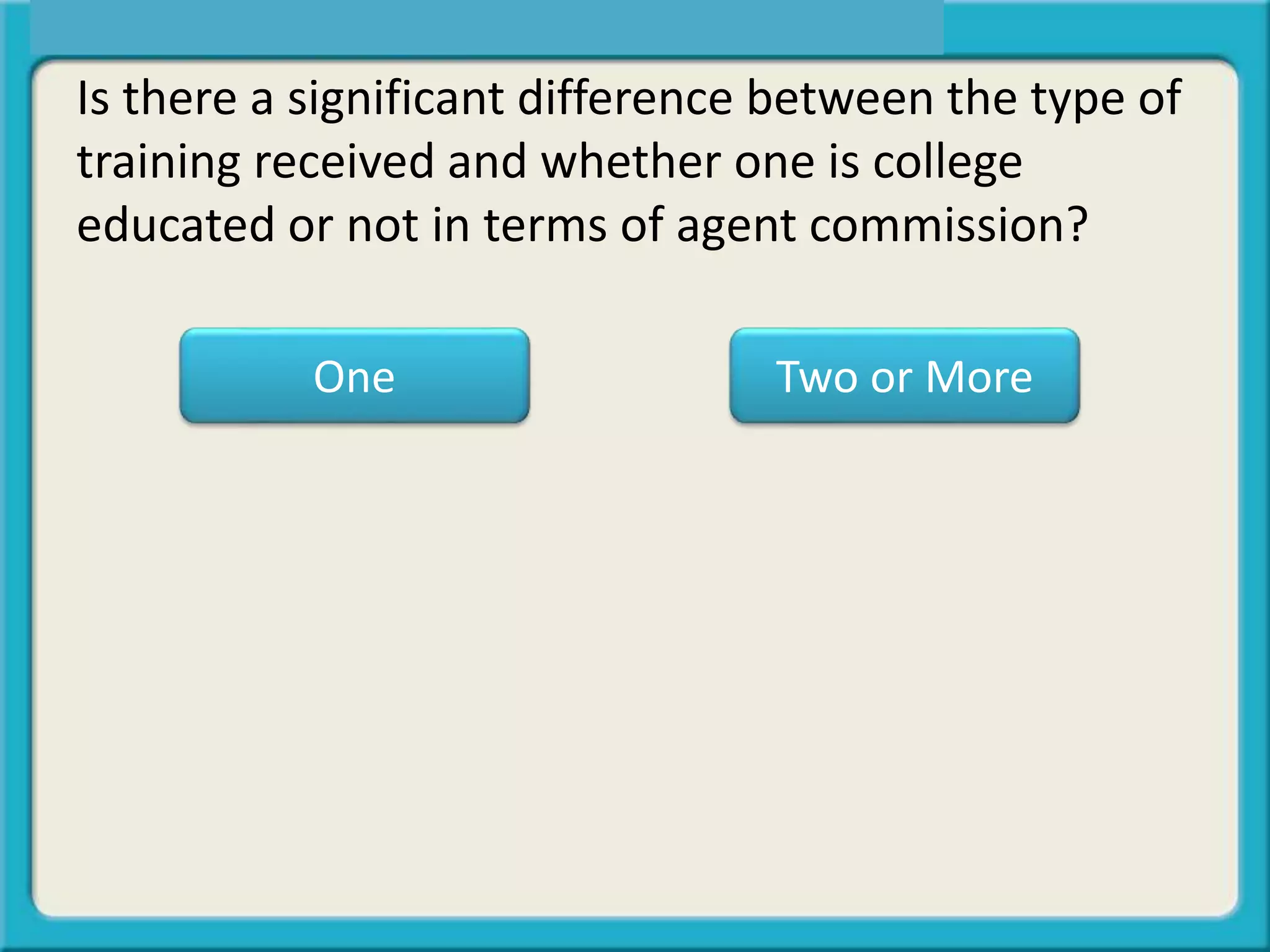 One Two or More
Is there a significant difference between the type of
training received and whether one is college
educated or not in terms of agent commission?
 