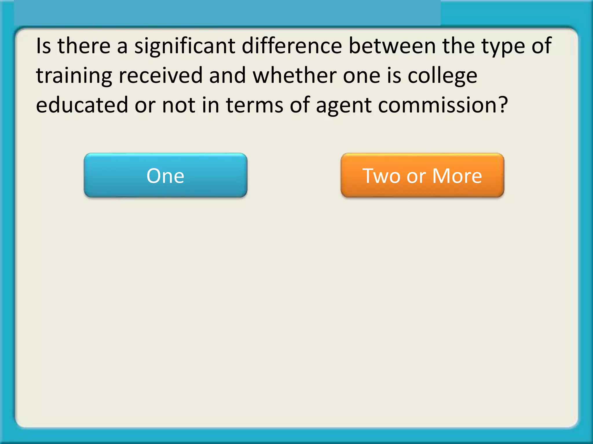 One Two or More
Is there a significant difference between the type of
training received and whether one is college
educated or not in terms of agent commission?
 
