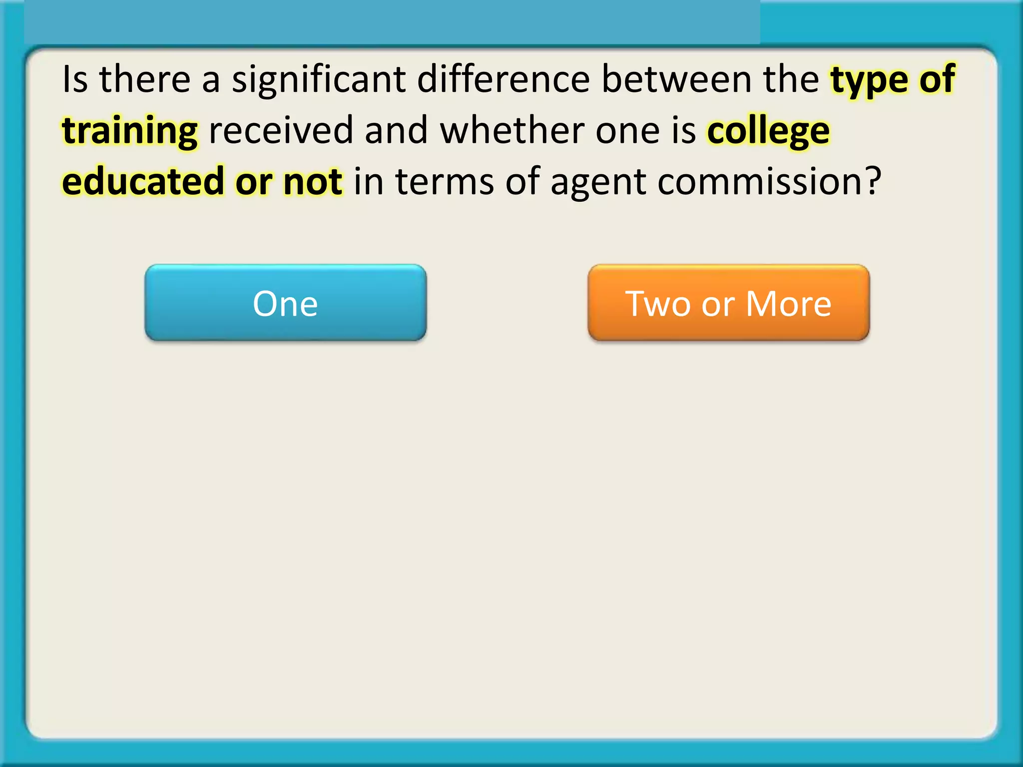 One Two or More
Is there a significant difference between the type of
training received and whether one is college
educated or not in terms of agent commission?
 