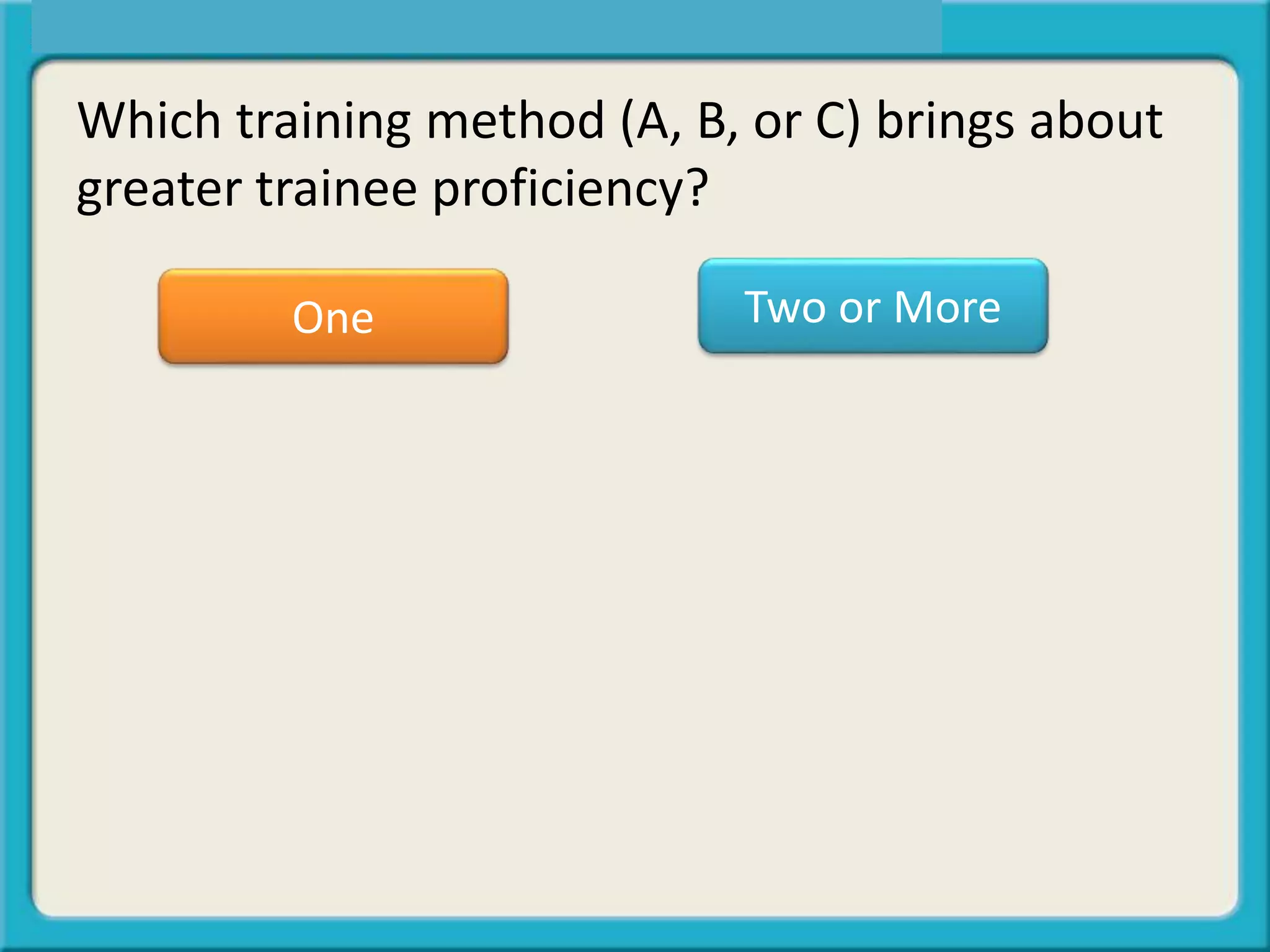 One Two or More
Which training method (A, B, or C) brings about
greater trainee proficiency?
 