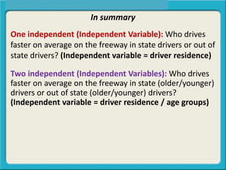 In summary
One independent (Independent Variable): Who drives
faster on average on the freeway in state drivers or out of
state drivers? (Independent variable = driver residence)
Two independent (Independent Variables): Who drives
faster on average on the freeway in state (older/younger)
drivers or out of state (older/younger) drivers?
(Independent variable = driver residence / age groups)
Zero independent (Independent Variables): Do a sample
of drivers drive the same speed on average as the
population? (zero independent variables)
 
