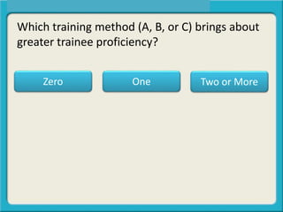 Which training method (A, B, or C) brings about
greater trainee proficiency?
One Two or MoreZero
 