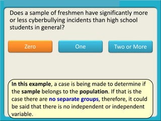 Does a sample of freshmen have significantly more
or less cyberbullying incidents than high school
students in general?
One Two or MoreZero
In this example, a case is being made to determine if
the sample belongs to the population. If that is the
case there are no separate groups, therefore, it could
be said that there is no independent or independent
variable.
 