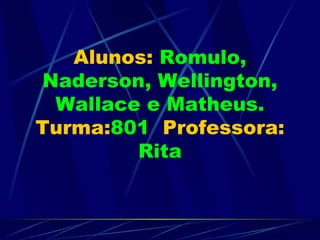 Alunos:  Romulo, Naderson, Wellington, Wallace e Matheus.  Turma: 801  Professora:  Rita 