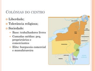 COLÔNIAS DO CENTRO
 Liberdade;
 Tolerância religiosa;
 Sociedade:
 Base: trabalhadores livres
 Camadas médias: peq.
proprietários e
comerciantes
 Elite: burguesia comercial
e manufatureira
 