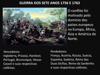 GUERRA DOS SETE ANOS 1756 E 1763
Batalha de Kolin
Perdedores:
França, Áustria, Rússia, Suécia,
Espanha, Saxônia, Reino das
Duas Sicílias, Reino da Sardenha
e suas respectivas colônias.
Vencedores:
Inglaterra, Prússia, Hanôver,
Portugal, Brunsvique, Hesse-
Cassel e suas respectivas
colônias.
O conflito foi
motivado pelo
domínio dos
países europeus
na Europa, África,
Ásia e América do
Norte.
 