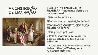 A CONSTRUÇÃO
DE UMA NAÇÃO
1781-1787: CONGRESSO DA
FILADÉLFIA Autonomia plena para
os treze estados.
Sistema Republicano.
Não havia uma constituição definida.
CONVENÇÃO CONSTITUCIONAL DA
FILADÉLFIA (1787):
Dois grupos políticos:
– REPUBLICANOS: autonomia total
para os estados. Líder: Thomas
Jefferson.
– FEDERALISTAS: poder central forte.
Líderes: George Washington e
Alexander Hamilton.
 