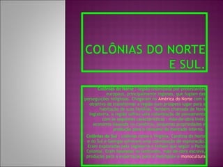 Colônias do Norte  : região colonizada por protestantes europeus, principalmente ingleses, que fugiam das perseguições religiosas. Chegaram na  América do Norte  com o objetivo de transformar a região num próspero lugar para a habitação de suas famílias. Também chamada de Nova Inglaterra, a região sofreu uma colonização de povoamento com as seguintes características : mão-de-obra livre, economia baseada no comércio, pequenas propriedades e produção para o consumo do mercado interno.  Colônias do Sul  : colônias como a Virginia, Carolina do Norte e do Sul e Geórgia sofreram uma colonização de exploração. Eram exploradas pela Inglaterra e tinham que seguir o Pacto Colonial. Eram baseadas no latifúndio, mão-de-obra escrava, produção para a exportação para a metrópole e  monocultura 