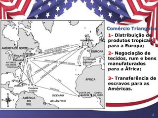 Comércio Triangular
1- Distribuição de
produtos tropicais
para a Europa;
2- Negociação de
tecidos, rum e bens
manufaturados
para a África;
3- Transferência de
escravos para as
Américas.
6
 