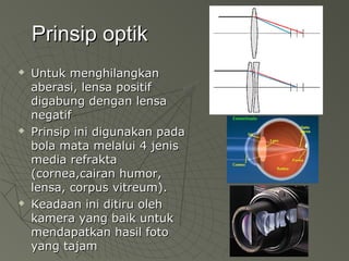 PPrriinnssiipp ooppttiikk 
 UUnnttuukk mmeenngghhiillaannggkkaann 
aabbeerraassii,, lleennssaa ppoossiittiiff 
ddiiggaabbuunngg ddeennggaann lleennssaa 
nneeggaattiiff 
 PPrriinnssiipp iinnii ddiigguunnaakkaann ppaaddaa 
bboollaa mmaattaa mmeellaalluuii 44 jjeenniiss 
mmeeddiiaa rreeffrraakkttaa 
((ccoorrnneeaa,,ccaaiirraann hhuummoorr,, 
lleennssaa,, ccoorrppuuss vviittrreeuumm)).. 
 KKeeaaddaaaann iinnii ddiittiirruu oolleehh 
kkaammeerraa yyaanngg bbaaiikk uunnttuukk 
mmeennddaappaattkkaann hhaassiill ffoottoo 
yyaanngg ttaajjaamm 
 