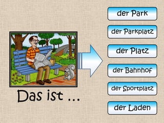 der Park

            der Parkplatz


             der Platz

            der Bahnhof

            der Sportplatz
Das ist …
            der Laden
 