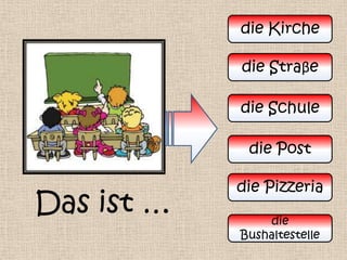 die Kirche

            die Straβe

            die Schule

             die Post

            die Pizzeria
Das ist …       die
            Bushaltestelle
 