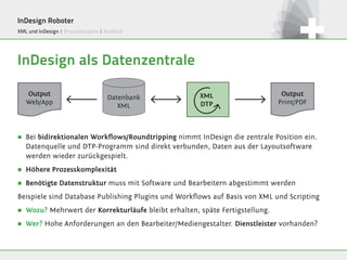 InDesign Roboter
   Output
                               Datenbank               DTP                      Output
  Web/App | Praxisbeispiele | Ausblick
XML und InDesign                                     InDesign                  Print/PDF
                                    XML



InDesign als Datenzentrale
Bidirektional


    Output                                             XML                      Output
                             Datenbank
    Web/App                                            DTP                     Print/PDF
                                XML



∏ Bei bidirektionalen Workflows/Roundtripping nimmt InDesign die zentrale Position ein.
Datenextraktion
    Datenquelle und DTP-Programm sind direkt verbunden, Daten aus der Layoutsoftware
    werden wieder zurückgespielt.
     Output
∏   Höhere Prozesskomplexität DTP
    Print/PDF
                                                   Datenbank                TMS
                            InDesign                  XML
∏   Benötigte Datenstruktur muss mit Software und Bearbeitern abgestimmt werden
Beispiele sind Database Publishing Plugins und Workflows auf Basis von XML und Scripting
∏   Wozu? Mehrwert der Korrekturläufe bleibt erhalten, späte Fertigstellung.

∏   Wer? Hohe Anforderungen an den Bearbeiter/Mediengestalter. Dienstleister vorhanden?
 