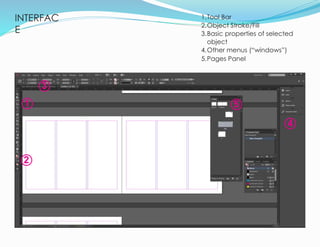 INTERFAC
E
5
1.Tool Bar
2.Object Stroke/Fill
3.Basic properties of selected
object
4.Other menus (“windows”)
5.Pages Panel
1
2
3
4
5
 