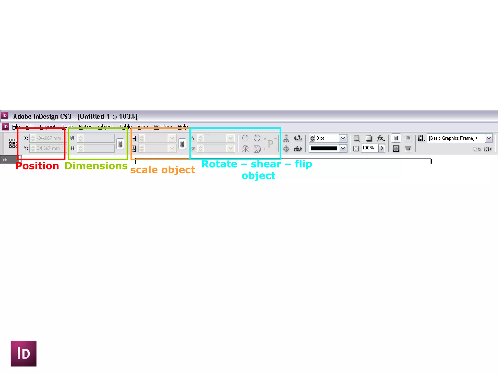 Position Dimensions Rotate – shear – flip object scale object 