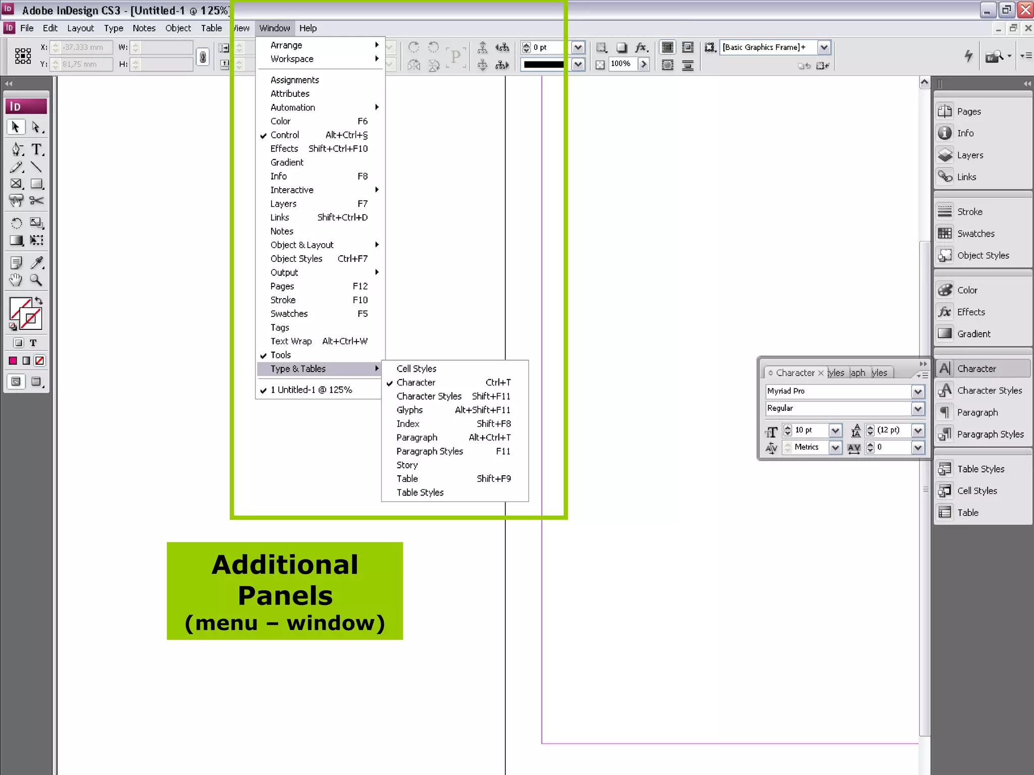 t Additional Panels (menu – window) 