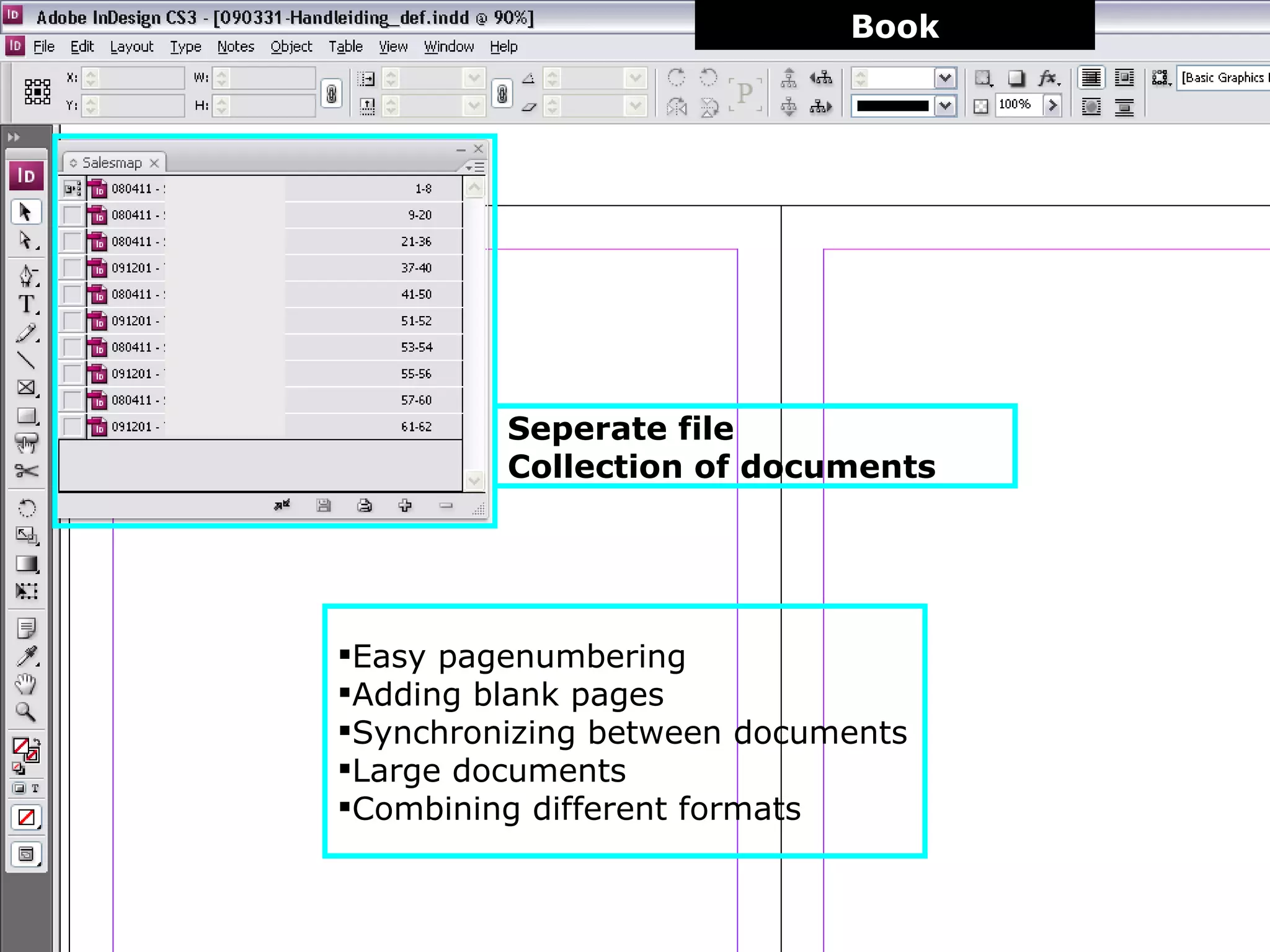 Book Seperate file Collection of documents Easy pagenumbering Adding blank pages Synchronizing between documents Large documents Combining different formats 