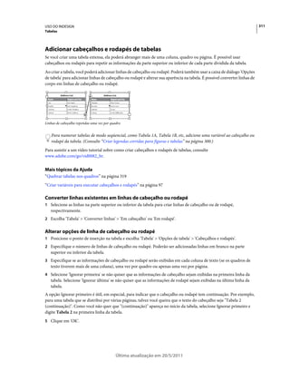 USO DO INDESIGN                                                                                                             311
Tabelas




Adicionar cabeçalhos e rodapés de tabelas
Se você criar uma tabela extensa, ela poderá abranger mais de uma coluna, quadro ou página. É possível usar
cabeçalhos ou rodapés para repetir as informações da parte superior ou inferior de cada parte dividida da tabela.
Ao criar a tabela, você poderá adicionar linhas de cabeçalho ou rodapé. Poderá também usar a caixa de diálogo 'Opções
de tabela' para adicionar linhas de cabeçalho ou rodapé e alterar sua aparência na tabela. É possível converter linhas de
corpo em linhas de cabeçalho ou rodapé.




Linhas de cabeçalho repetidas uma vez por quadro


   Para numerar tabelas de modo seqüencial, como Tabela 1A, Tabela 1B, etc, adicione uma variável ao cabeçalho ou
   rodapé da tabela. (Consulte “Criar legendas corridas para figuras e tabelas” na página 300.)
Para assistir a um vídeo tutorial sobre como criar cabeçalhos e rodapés de tabelas, consulte
www.adobe.com/go/vid0082_br.


Mais tópicos da Ajuda
“Quebrar tabelas nos quadros” na página 319
“Criar variáveis para executar cabeçalhos e rodapés” na página 97

Converter linhas existentes em linhas de cabeçalho ou rodapé
1 Selecione as linhas na parte superior ou inferior da tabela para criar linhas de cabeçalho ou de rodapé,
   respectivamente.
2 Escolha 'Tabela' > 'Converter linhas' > 'Em cabeçalho' ou 'Em rodapé'.


Alterar opções de linha de cabeçalho ou rodapé
1 Posicione o ponto de inserção na tabela e escolha 'Tabela' > 'Opções de tabela' > 'Cabeçalhos e rodapés'.
2 Especifique o número de linhas de cabeçalho ou rodapé. Poderão ser adicionadas linhas em branco na parte
   superior ou inferior da tabela.
3 Especifique se as informações de cabeçalho ou rodapé serão exibidas em cada coluna de texto (se os quadros de
   texto tiverem mais de uma coluna), uma vez por quadro ou apenas uma vez por página.
4 Selecione 'Ignorar primeira' se não quiser que as informações de cabeçalho sejam exibidas na primeira linha da
   tabela. Selecione 'Ignorar última' se não quiser que as informações de rodapé sejam exibidas na última linha da
   tabela.
A opção Ignorar primeiro é útil, em especial, para indicar que o cabeçalho ou rodapé tem continuação. Por exemplo,
para uma tabela que se distribui por várias páginas, talvez você queira que o texto do cabeçalho seja "Tabela 2
(continuação)". Como você não quer que "(continuação)" apareça no início da tabela, selecione Ignorar primeiro e
digite Tabela 2 na primeira linha da tabela.
5 Clique em 'OK'.




                                            Última atualização em 20/5/2011
 