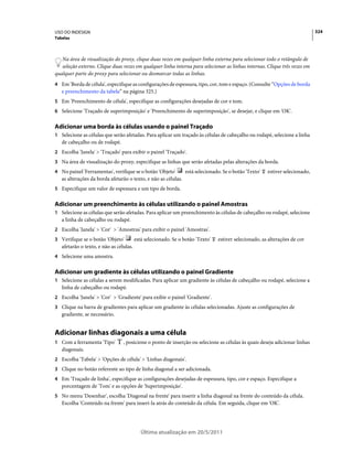 USO DO INDESIGN                                                                                                                324
Tabelas



   Na área de visualização do proxy, clique duas vezes em qualquer linha externa para selecionar todo o retângulo de
   seleção externo. Clique duas vezes em qualquer linha interna para selecionar as linhas internas. Clique três vezes em
qualquer parte do proxy para selecionar ou desmarcar todas as linhas.
4 Em 'Borda de célula', especifique as configurações de espessura, tipo, cor, tom e espaço. (Consulte “Opções de borda
   e preenchimento da tabela” na página 325.)
5 Em 'Preenchimento de célula', especifique as configurações desejadas de cor e tom.
6 Selecione 'Traçado de superimposição' e 'Preenchimento de superimposição', se desejar, e clique em 'OK'.


Adicionar uma borda às células usando o painel Traçado
1 Selecione as células que serão afetadas. Para aplicar um traçado às células de cabeçalho ou rodapé, selecione a linha
   de cabeçalho ou de rodapé.
2 Escolha 'Janela' > 'Traçado' para exibir o painel 'Traçado'.
3 Na área de visualização do proxy, especifique as linhas que serão afetadas pelas alterações da borda.
4 No painel 'Ferramentas', verifique se o botão 'Objeto'         está selecionado. Se o botão 'Texto'   estiver selecionado,
   as alterações da borda afetarão o texto, e não as células.
5 Especifique um valor de espessura e um tipo de borda.


Adicionar um preenchimento às células utilizando o painel Amostras
1 Selecione as células que serão afetadas. Para aplicar um preenchimento às células de cabeçalho ou rodapé, selecione
   a linha de cabeçalho ou rodapé.
2 Escolha 'Janela' > 'Cor' > 'Amostras' para exibir o painel 'Amostras'.
3 Verifique se o botão 'Objeto'          está selecionado. Se o botão 'Texto'   estiver selecionado, as alterações de cor
   afetarão o texto, e não as células.
4 Selecione uma amostra.


Adicionar um gradiente às células utilizando o painel Gradiente
1 Selecione as células a serem modificadas. Para aplicar um gradiente às células de cabeçalho ou rodapé, selecione a
   linha de cabeçalho ou rodapé.
2 Escolha 'Janela' > 'Cor' > 'Gradiente' para exibir o painel 'Gradiente'.
3 Clique na barra de gradientes para aplicar um gradiente às células selecionadas. Ajuste as configurações de
   gradiente, se necessário.


Adicionar linhas diagonais a uma célula
1 Com a ferramenta 'Tipo'        , posicione o ponto de inserção ou selecione as células às quais deseja adicionar linhas
   diagonais.
2 Escolha 'Tabela' > 'Opções de célula' > 'Linhas diagonais'.
3 Clique no botão referente ao tipo de linha diagonal a ser adicionada.
4 Em 'Traçado de linha', especifique as configurações desejadas de espessura, tipo, cor e espaço. Especifique a
   porcentagem de 'Tom' e as opções de 'Superimposição'.
5 No menu 'Desenhar', escolha 'Diagonal na frente' para inserir a linha diagonal na frente do conteúdo da célula.
   Escolha 'Conteúdo na frente' para inseri-la atrás do conteúdo da célula. Em seguida, clique em 'OK'.




                                            Última atualização em 20/5/2011
 