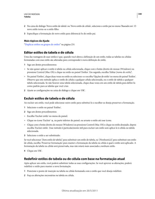 USO DO INDESIGN                                                                                                               330
Tabelas



2 Na caixa de diálogo 'Novo estilo de tabela' ou 'Novo estilo de célula', selecione o estilo pai no menu 'Baseado em'. O
   novo estilo torna-se o estilo filho.
3 Especifique a formatação do novo estilo para diferenciá-lo do estilo pai.


Mais tópicos da Ajuda
“Duplicar estilos ou grupos de estilos” na página 231


Editar estilos de tabela e de célula
Uma das vantagens de usar estilos é que, quando você altera a definição de um estilo, todas as tabelas ou células
formatadas com esse estilo são alteradas para corresponder à nova definição de estilo.
1 Siga um destes procedimentos:
• Se não quiser aplicar o estilo à tabela ou célula selecionada, clique com o botão direito do mouse (Windows) ou
  pressione Control (Mac OS) e clique no estilo no painel 'Estilos'. Em seguida, escolha 'Editar [nome do estilo]'.
• No painel 'Estilos', clique duas vezes no estilo ou selecione-o e escolha 'Opções de estilo' no menu do painel 'Estilos'.
  Observe que este método aplica o estilo de célula a qualquer célula selecionada, ou o estilo de tabela a qualquer
  tabela selecionada. Se não houver uma tabela selecionada, clique duas vezes em um estilo de tabela para defini-lo
  como padrão para as tabelas que você criar.
2 Ajuste as configurações na caixa de diálogo e clique em 'OK'.


Excluir estilos de tabela e de célula
Ao excluir um estilo, você pode selecionar outro estilo para substituí-lo e escolher se deseja preservar a formatação.
1 Selecione o estilo no painel 'Estilos'.
2 Siga um destes procedimentos:
• Escolha 'Excluir estilo' no menu do painel.
• Clique no ícone 'Excluir'     , na parte inferior do painel, ou arraste o estilo até esse ícone.
• Clique com o botão direito do mouse (Windows) ou pressione Control (Mac OS) e clique no estilo desejado, depois
  escolha 'Excluir estilo'. Esse método é particularmente útil para excluir um estilo sem aplicá-lo à célula ou tabela
  selecionada.
3 Selecione o estilo a ser substituído.
Se você selecionar '[Sem estilo de tabela]' para substituir um estilo de tabela, ou '[Nenhum(a)]' para substituir um estilo
de célula, escolha 'Preservar formatação' para manter a formatação da tabela ou célula à qual o estilo será aplicado. A
formatação da tabela ou célula será preservada, mas não estará mais associada a nenhum estilo.
4 Clique em 'OK'.


Redefinir estilos de tabela ou de célula com base na formatação atual
Após aplicar um estilo, você poderá substituir todas as suas configurações. Se você aprovar as alterações, poderá
redefinir o estilo para manter a nova formatação.
1 Posicione o ponto de inserção na tabela ou célula formatada com o estilo que você deseja redefinir.
2 Faça as alterações necessárias na tabela ou célula.




                                            Última atualização em 20/5/2011
 