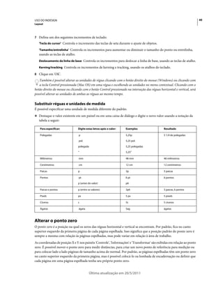 USO DO INDESIGN                                                                                                           49
Layout



7 Defina um dos seguintes incrementos de teclado:
   'Tecla do cursor' Controla o incremento das teclas de seta durante o ajuste de objetos.

   'Tamanho/entrelinha' Controla os incrementos para aumentar ou diminuir o tamanho do ponto ou entrelinha,
   usando as teclas de atalho.
   Deslocamento da linha de base Controla os incrementos para deslocar a linha de base, usando as teclas de atalho.

   Kerning/tracking Controla os incrementos de kerning e tracking, usando os atalhos do teclado.

8 Clique em 'OK'.
   Também é possível alterar as unidades de régua clicando com o botão direito do mouse (Windows) ou clicando com
   a tecla Control pressionada (Mac OS) em uma régua e escolhendo as unidades no menu contextual. Clicando com o
botão direito do mouse ou clicando com o botão Control pressionado na interseção das réguas horizontal e vertical, será
possível alterar as unidades de ambas as réguas ao mesmo tempo.

Substituir réguas e unidades de medida
É possível especificar uma unidade de medida diferente do padrão.
❖ Destaque o valor existente em um painel ou em uma caixa de diálogo e digite o novo valor usando a notação da
   tabela a seguir:

    Para especificar:            Digite estas letras após o valor:   Exemplos                  Resultado

    Polegadas                    p                                   5,25p                     5 1/4 de polegadas

                                 pol.                                5,25 pol.

                                 polegada                            5,25 polegadas

                                 "                                   5,25”

    Milímetros                   mm                                  48 mm                     48 milímetros

    Centímetros                  cm                                  12 cm                     12 centímetros

    Paicas                       p                                   3p                        3 paicas

    Pontos                       pt                                  6 pt                      6 pontos

                                 p (antes do valor)                  p6

    Paicas e pontos              p (entre os valores)                3p6                       3 paicas, 6 pontos

    Pixels                       px                                  5 px                      5 pixels

    Cíceros                      c                                   5c                        5 cíceros

    Ágatas                       ágata                               5ag                       ágatas



Alterar o ponto zero
O ponto zero é a posição na qual os zeros das réguas horizontal e vertical se encontram. Por padrão, fica no canto
superior esquerdo da primeira página de cada página espelhada. Isso significa que a posição padrão do ponto zero é
sempre a mesma com relação às páginas espelhadas, mas pode variar em relação à área de trabalho.
As coordenadas de posição X e Y nos painéis 'Controle', 'Informações' e 'Transformar' são exibidas em relação ao ponto
zero. É possível mover o ponto zero para medir distâncias, para criar um novo ponto de referência para medição ou
para colocar lado a lado páginas de tamanho acima do normal. Por padrão, as páginas espelhadas têm um ponto zero
no canto superior esquerdo da primeira página, mas é possível colocá-lo na lombada de encadernação ou definir que
cada página em uma página espelhada tenha seu próprio ponto zero.


                                          Última atualização em 20/5/2011
 